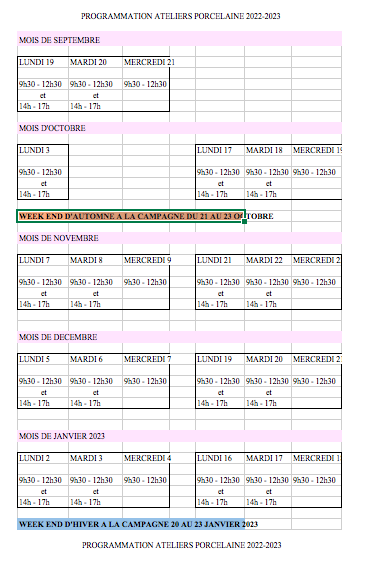 planning septembre à janvier